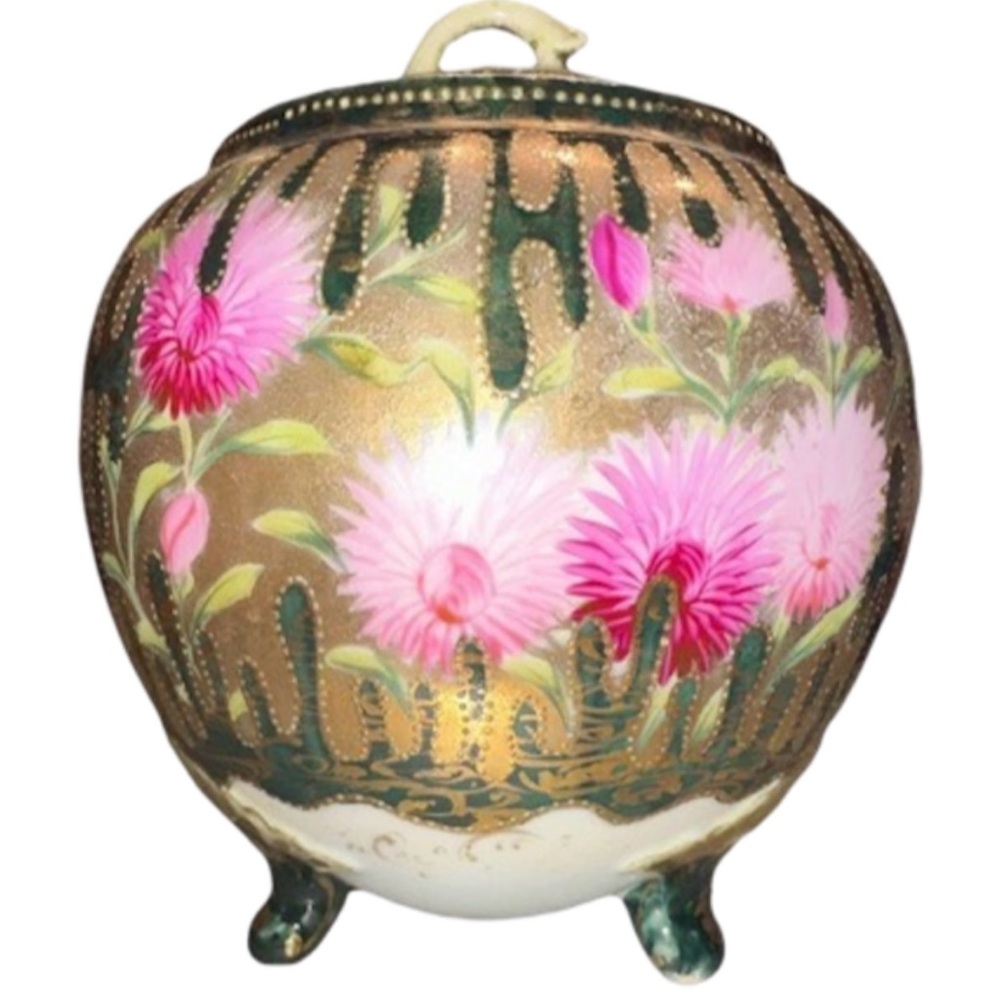 Antique Kutani-Yaki Japanese Biscuit Cracker‎ Jar 3 Legged Floral Kutani Ware
